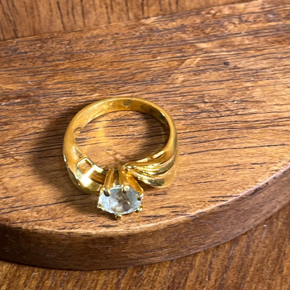 Vtg Gold Plated Aquamarine Solitaire Bypass Ring Size 6.75 Round Blue Stone - Picture 4 of 9